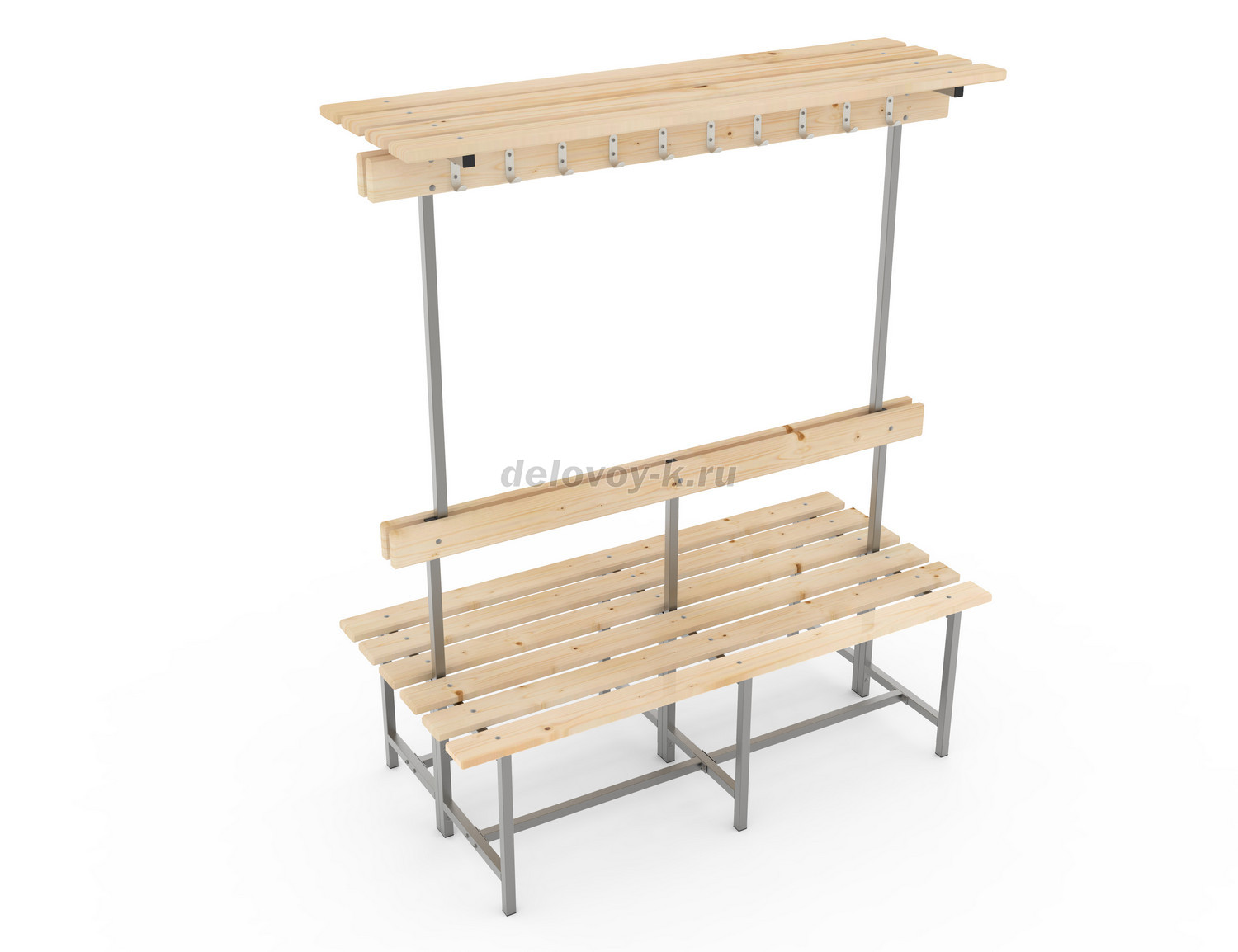 Скамья с деревянным настилом СВТ-8(2) двойная, с крючками, полкой 1500*715*1775 фото 1